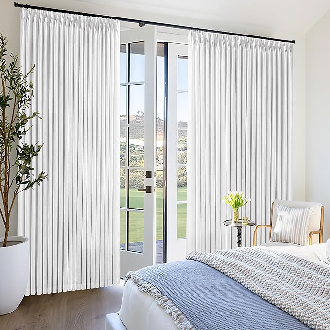 100 Inch Wide Curtains 96 Inch Long Pinch Pleat Linen Curtains for Living Room Bedroom Boho Farmhouse Light Filtering Privacy Pleated Hooks Rings Back Tab for Sliding Door White 1 Panel 100 x 96