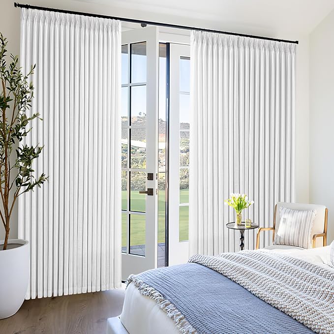 White Linen 100 Inch Extra Wide Curtains Drapes 108 Inches Long for Sliding Glass Doors Memory Trained Pinch Pleated Non See Through Light Filtering Extra Long Living Room Curtain W100xL108 1 Panel