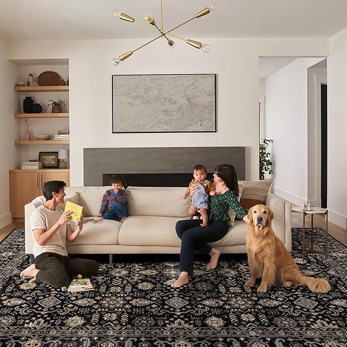 Ruaruarug Washable Area Rug 8x10 for Living Room, Bedroom, Ultra Soft Non Slip Stain & Fade Resistant, Pet & Kids Friendly, Suitable for High Traffic Areas Easy to Clean for Office Kitchen, Black Gold