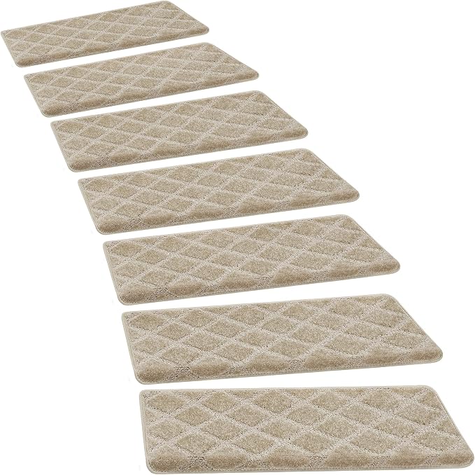 PURE ERA Bullnose Carpet Stair Treads Tape Free Non-Slip Indoor Stair Protectors Pet Friendly Stair Treads for Wooden Steps 9.5" x 30"(2 Pieces, Cream Gray Diamond Trellis)