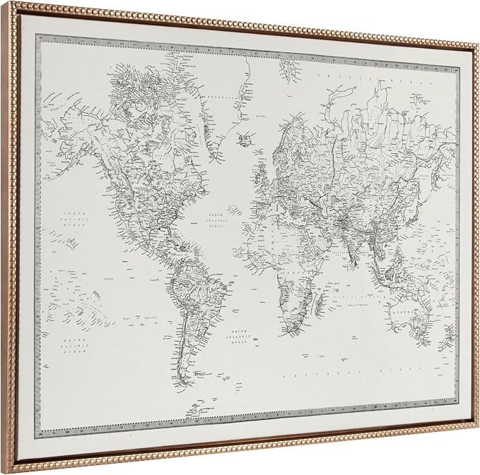 Kate and Laurel Sylvie Beaded Vintage Black and White World Map Vintage Framed Canvas Wall Art by The Creative Bunch Studio, 28x38 Gold, Modern Geographical Map Décor