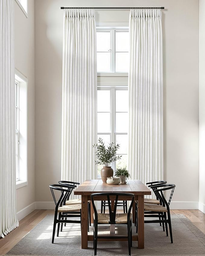 144 Inch Pinch Pleated Linen Curtains for High Ceiling Floor Living Dining Room 2 Panels Set Natural Ivory Cream Beige Privacy Light Filtering Pinch Pleat Curtains 144 Inches Long for 2 Story Window