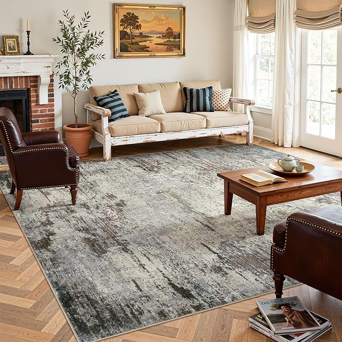 DMOYEST Area Rug Living Room Rugs - 8x10 Washable Large Soft Indoor Neutral Modern Abstract Low Pile Rug Carpet for Bedroom Dining Room Farmhouse Home Office - Brown Rust