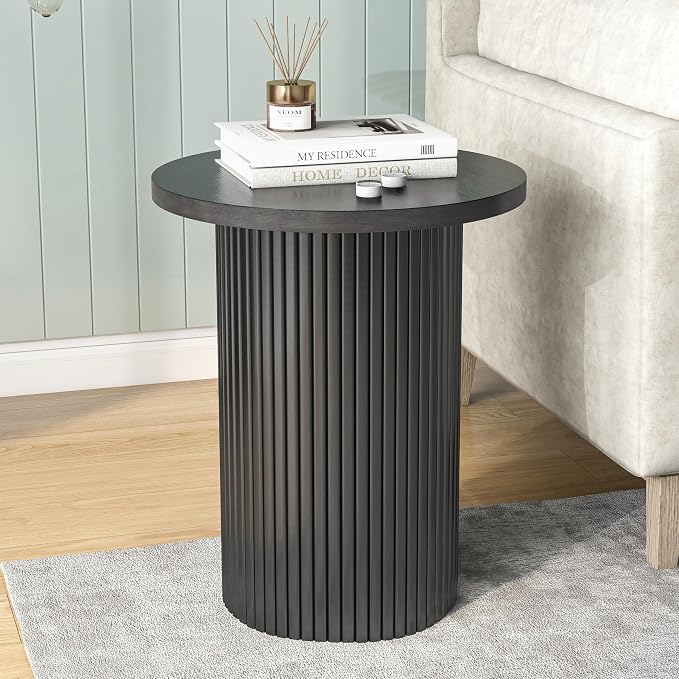 Black Side Tables Living Room, Modern Drum End Table, 18 inch Wide Black Accent Table, Fully Assembled, End Table, Bedside Table for the Living Room and Bedroom