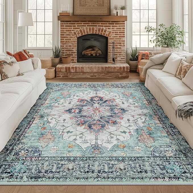 RELEANY Area Rugs Square 8ft Washable Non-Slip, Floral Vintage Distress Print Pattern Medallion Carpet for Living Room Bedroom Dining Room, Green Navy Blue White Red Teal Colorful