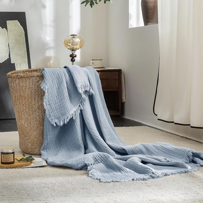 FOSSA Muslin Blanket 4-Layer 100% Cotton Gauze Blanket with Fringe 66"x90" | Super Soft Breathable Lightweight All Season & Decorative Blanket or Bed, Sofa, Office (Cornflower Blue,Twin XL)