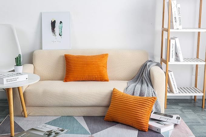 TangDepot Velvet Big Corduroy Pillow Covers 12x24 Deep Orange 2-Pack | Soft wide-stripe corduroy pillow cover, hidden zipper, machine washable, easy refresh, for bedroom living room indoor outdoor