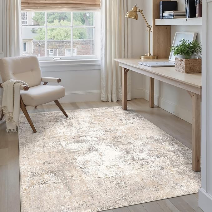 4x5 Washable Area Rug Beige Grey Abstract Non Slip Soft Low Pile Rug for Entryway Kitchen Bathroom Neutral Modern Throw Carpet for Living Room Bedroom Home Decor