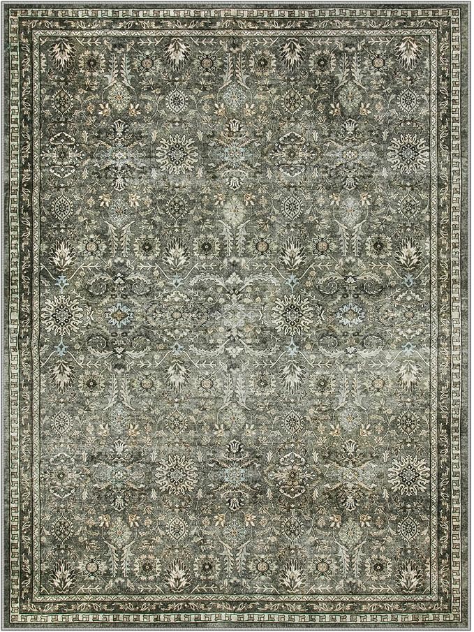 Lahome Olive Green Area Rugs 9x12 Living Room, Moody Floral Washable Rug | Boho Bedroom Carpet Soft Stain Resistant Non Shedding Thin Carpet for Dining Room