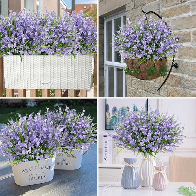 20 Bundles Artificial Lavender Flowers for Outdoors Fake Silk Flowers Faux Plants UV Resistant for Indoor Outside Spring Porch Garden Window Table Box Office Home Decorations, Purple