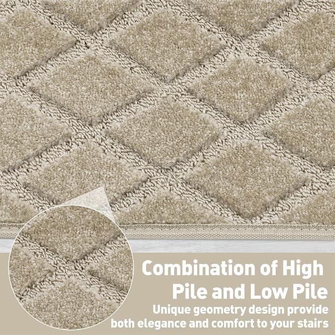 PURE ERA Bullnose Carpet Stair Treads Tape Free Non-Slip Indoor Stair Protectors Pet Friendly Stair Treads for Wooden Steps 9.5" x 30"(14 Pieces, Cream Gray Diamond Trellis)