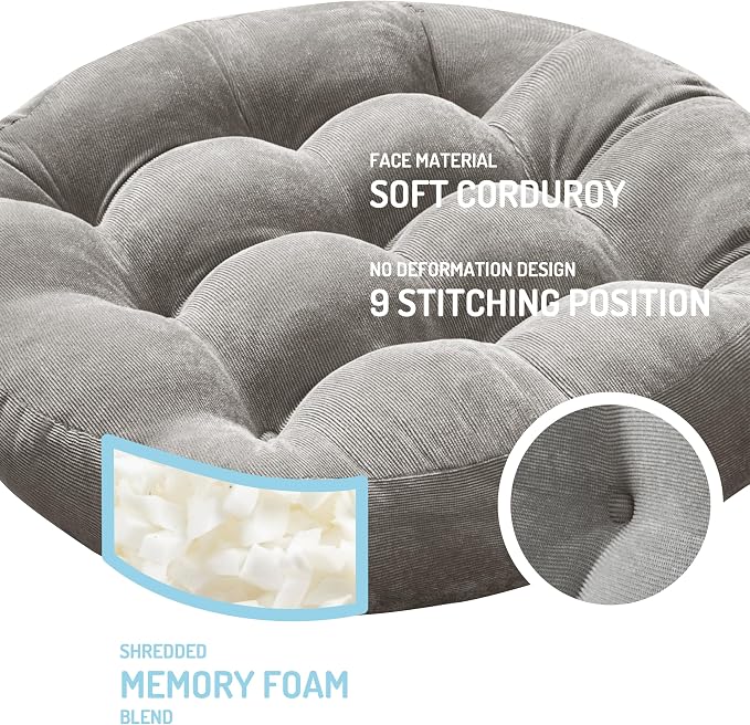 Degrees of Comfort Floor Cushion 6 Pack for Meditation, Home Office & Yoga Studio – Corduroy Soft Seating Set, 22 Inch, High-Density Foam, Round Shape, Grey