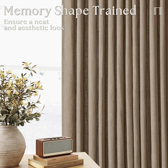 Latte Pinch Pleated Short Linen Curtains 45 Inch Length 2 Panels for Living Room Bedroom Memory Trained Semi Sheer Pleat Drapes with Hooks Rings Light Filtering Small Kitchen Window Curtain 40x45