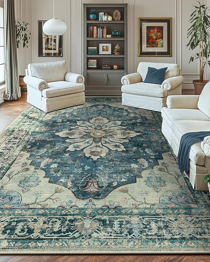 RELEANY Area Rugs 10'x14' Washable Non-Slip, Floral Vintage Distress Print Pattern Medallion Carpet for Living Room Bedroom Dining Room, Dark Blue Vintage