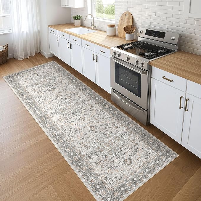 Runner Rug Kitchen Washable Rugs: 2x6 Non-Slip Boho Soft Vintage Stain Resistant Indoor Floor Neutral Farmhouse Throw Carpet for Hallway Bathroom Laundry Room Entryway Bedroom- Taupe