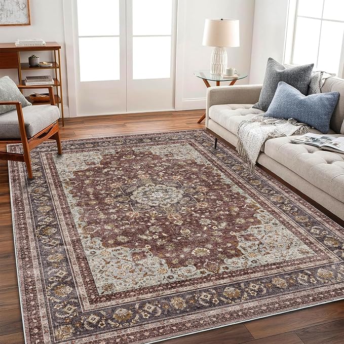 CHAMPLANT Area Rug 6'x9' Washable Vintage Traditional Floor Cover Thin Retro Kitchen Indoor Distressed Non Slip Carpet for Living Room Bedroom Dining Room