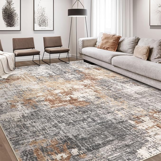 DMOYEST Area Rug Living Room Rugs - 12x14 Extra Large Soft Indoor Neutral Modern Abstract Low Pile Washable Rug Carpet for Bedroom Dining Room Farmhouse Home Office - Grey Brown