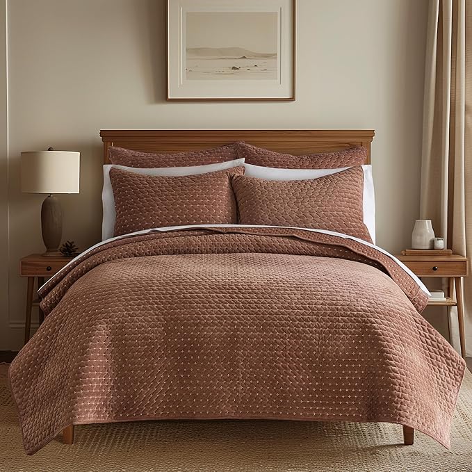 Levtex Home - Velvet Stitch Quilt Set - King Quilt and Two King Shams - Cross Stitch Velvet - Rust with White - Quilt (106x92in.) and Shams (20x36in.) - Reversible - Polyester