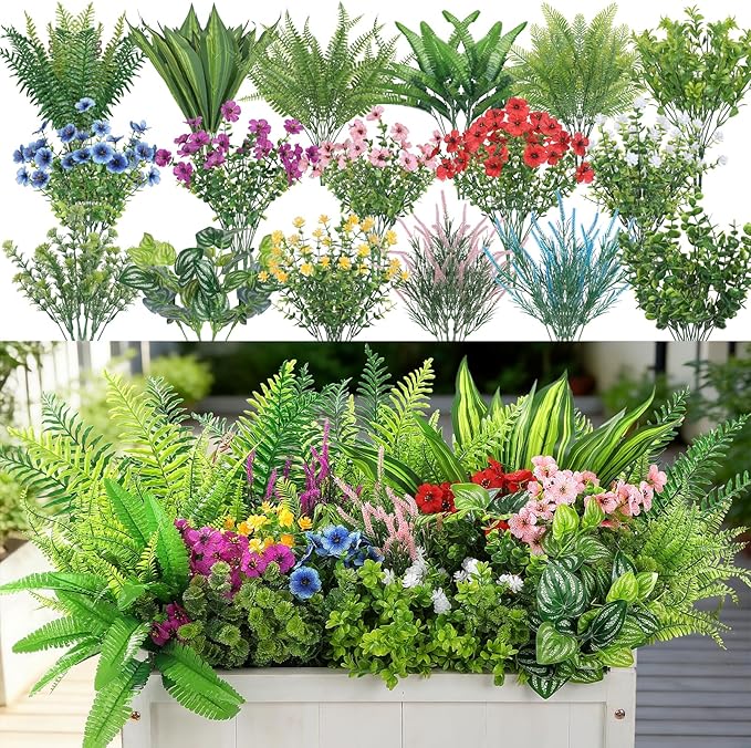 Alupssuc 48Pcs Artificial Flowers and Plants,UV Resistant & No Fade Fake Plastic Greenery Shrubs for Home Garden, Pathway, Front Porch-Spring Summer Decor, Indoor/Outdoor Use, Red Purple Pink Blue