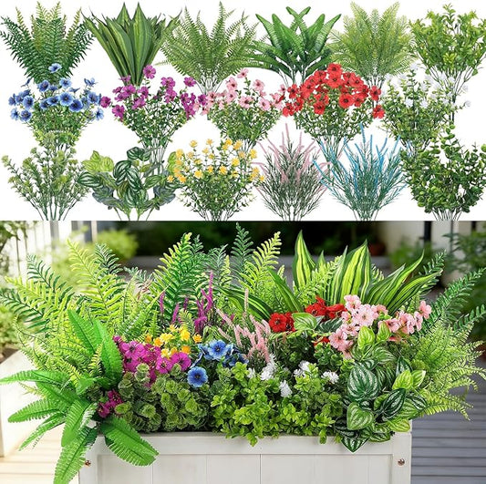 Alupssuc 48Pcs Artificial Flowers and Plants,UV Resistant & No Fade Fake Plastic Greenery Shrubs for Home Garden, Pathway, Front Porch-Spring Summer Decor, Indoor/Outdoor Use, Red Purple Pink Blue