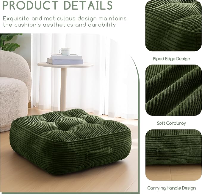 HIGOGOGO 8" Extra Thick Floor Pillow Cushion for Adults, Meditation Cushion Pillow, Large Square Floor Sitting, Tufted Corduroy Cover, for Tatami Living Room or Yoga, 22x22 Inch, Dark Green
