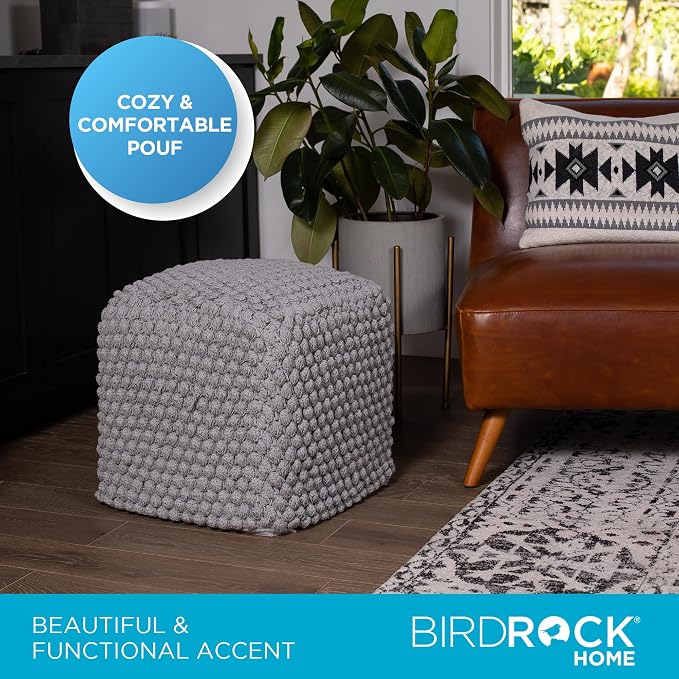 BIRDROCK HOME Square Pouf Ottoman Foot Rest - 18” Compact Comfortable Soft Cotton Knit Bean Bag Floor - Chair Foot Stool Seat for Living Room, Bedroom, or Kids Room (Grey Bud)