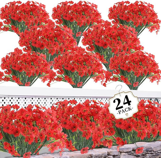 ColoPlay 24 Red Bundles Artificial Flowers for Outdoors/Indoors Fake Flowers Plants for Indoor Outside Garden Porch Window Box Home Wedding Farmhouse