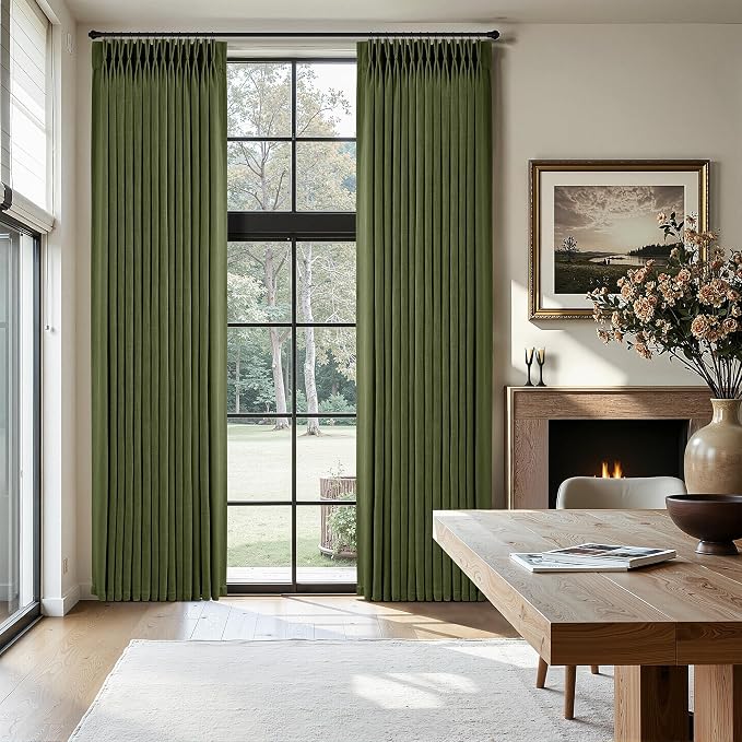 Olive Green Pleated Linen Curtains 80 Inches Long for Living Dining Room Bedroom Light Filtering Boho Window Drapes 2 Panels with Hooks Rings Clips Sliding Glass Door Semi Sheer Curtain Pinch Pleat