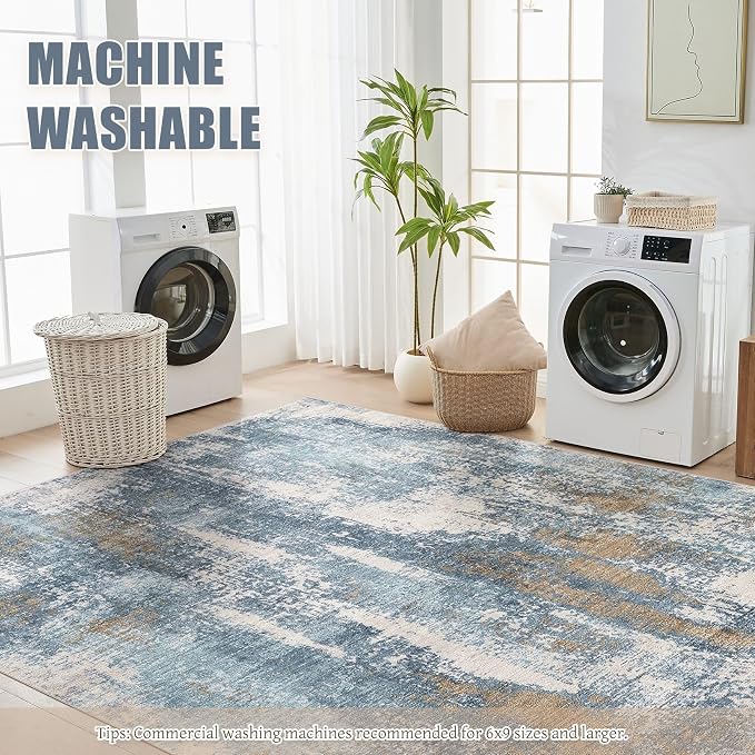 DMOYEST Area Rug Living Room Rugs - 6x9 Washable Soft Indoor Neutral Modern Abstract Low Pile Rug Carpet for Bedroom Dining Room Farmhouse Home Office - Blue Brown