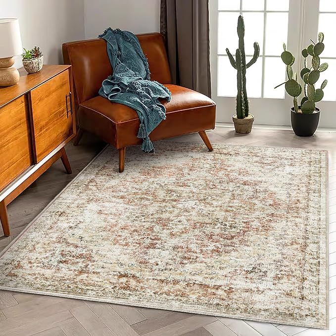 CHAMPLANT Area Rug 5'x7' Washable Rug Vintage Traditional Floor Cover Thin Retro Kitchen Indoor Distressed Non Slip Carpet for Living Room Bedroom Dining Room
