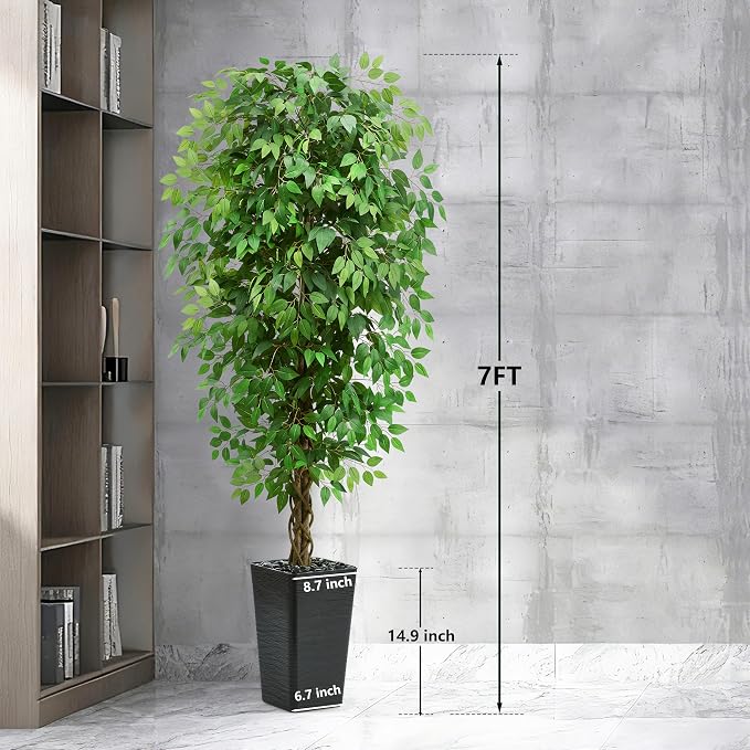 7FT Artificial Ficus Tree, 84 Inch Realistic Faux Silk Ficus Floor Plant with Black Planter & Pebbles, Tall Fake Potted Tree for Indoor Home Office Living Room Corner Decor