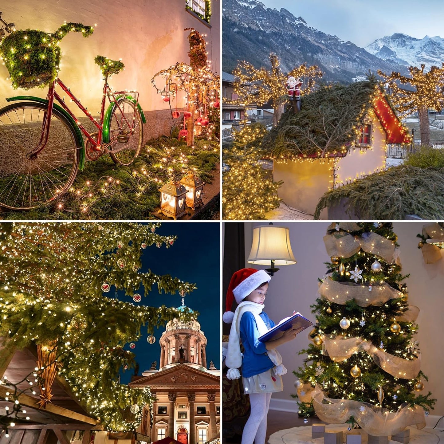 WATERGLIDE 4 Pack 50LED Outdoor Christmas Lights, 16FT Battery Operated Mini String Lights with 8 Modes & Timer, Xmas Tree Lights Waterproof for Patio Garden Party Wedding Holiday Decor, Warm White