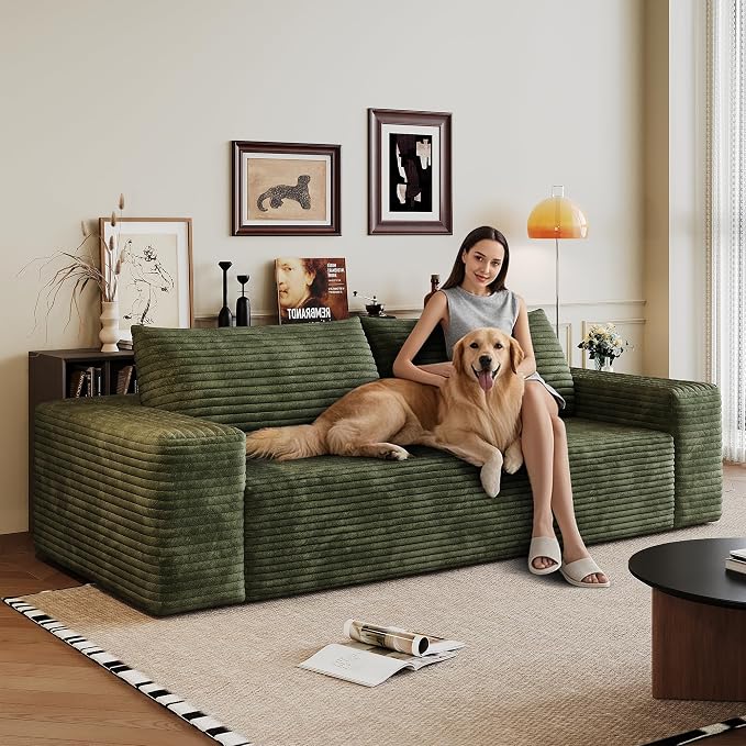 JINGLING 71" Small Couches for Small Spaces, Memory Foam Loveseat Corduroy Couch in a Box, Compressed Boneless Sofa for Living Room Bedroom, Apartment Furniture, No Assembly Required, Green