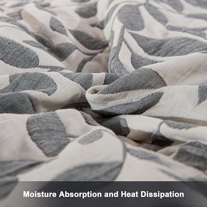 NTBAY 3 Layers Cotton Muslin 88x92 Queen Bed Blanket, Super Soft Breathable Thermal Yarn Dyed Quilt for Adults, Perfect Lightweight Blanket for Couch Sofa Bed All Seasons, Grey Leaf