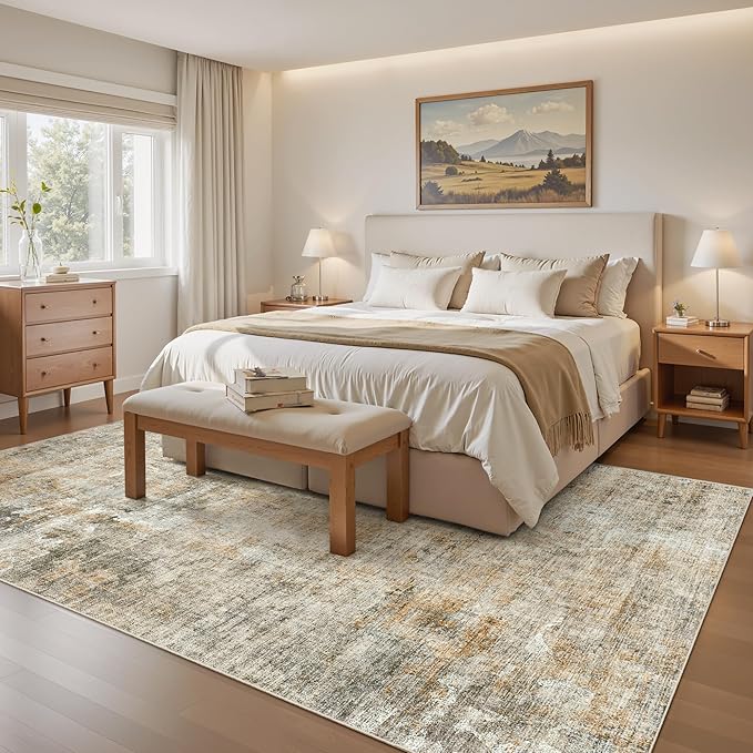 Soalmost Abstract Rug 5x7 Machine Washable Area Indoor Orange Low Pile Non-Slip Foldable Thin Accent Rugs for Bedroom Living Room Dining Room
