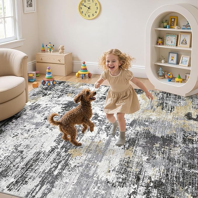 UERMEI 9x12 Area Rug for Living Room - Washable Neutral Modern Abstract Carpet, Non-Slip Soft Large Indoor Floor Rugs for Bedroom Home Office & Under Dining Table Decor, Black/White/Gold