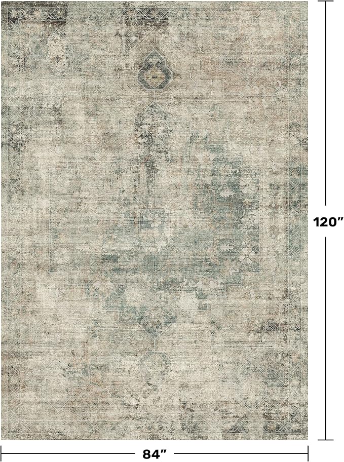 Washable 7x10 Moss Area Rug for Living Room Table – Neutral Green Farmhouse Rug for Dining Room, Vintage Bedroom Under Bed, Non-Slip Stain & Fade Resistant, Vintage Distressed Farmhouse Décor