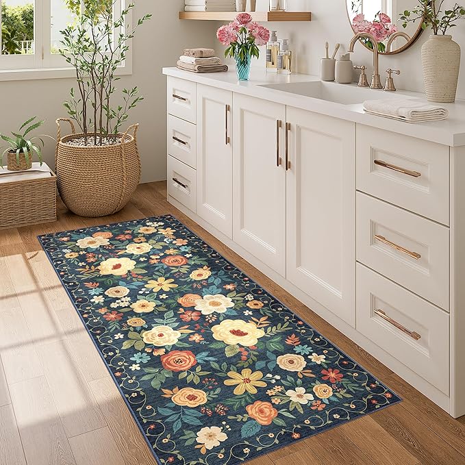DUKINO 2x5 Runner Rug for Hallway, Washable Kitchen Floral Runner Rug with Non Slip Backing, Low Pile Soft Boho Carpet for Kitchen, Hallway, Entryway, Laundry, Bedroom, Navy Blue