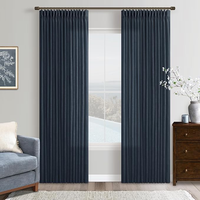 TWODRAPES Navy Pinch Pleated Linen Curtains 2 Panels Set for Living Room Bedroom Boho Farmhouse Memory Training Semi Sheer Light Filtering Window Drapes with Hooks & Rings for Dining Room 50x86