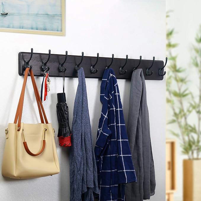 WEBI Coat Rack Wall Mount,10 Hooks,38 9/16" Long Coat Hooks Wall Mounted,16" Hole to Hole,Large Wood Coat Hanger Wall,Hook Rack for Hanging Coats,Jacket,Clothes,Hats,Black,2 Packs
