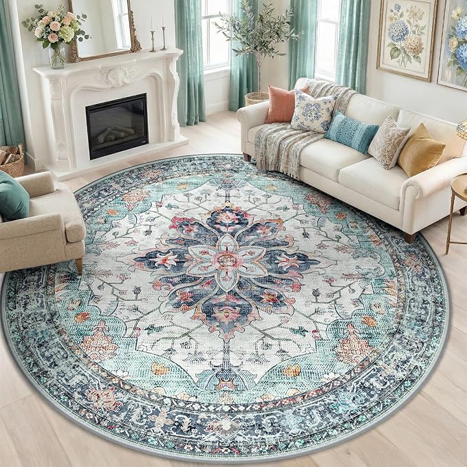RELEANY Area Rugs 8ft Washable Non-Slip, Floral Vintage Distress Print Pattern Medallion Carpet for Living Room Bedroom Dining Room, Green Navy Blue White Red Teal Colorful
