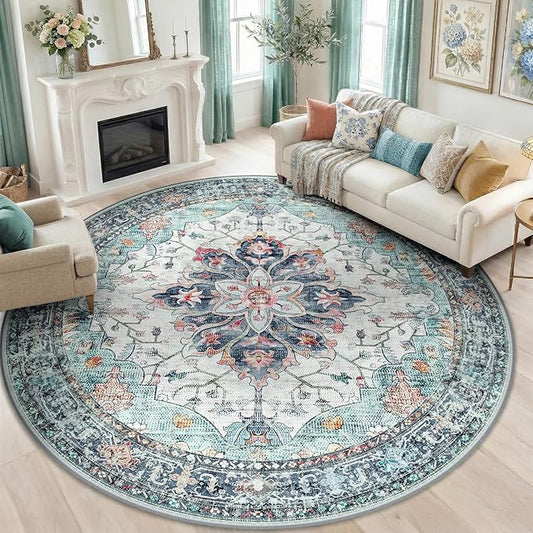 RELEANY Area Rugs 8ft Washable Non-Slip, Floral Vintage Distress Print Pattern Medallion Carpet for Living Room Bedroom Dining Room, Green Navy Blue White Red Teal Colorful