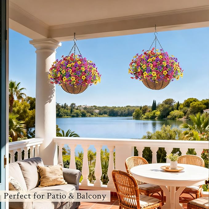 Der Rose 2 Pack Artificial Hanging Flowers Basket for Outdoors Fake Hanging Plants Spring Summer Decoration UV Resistant for Garden Front Porch Patio Balcony Decor