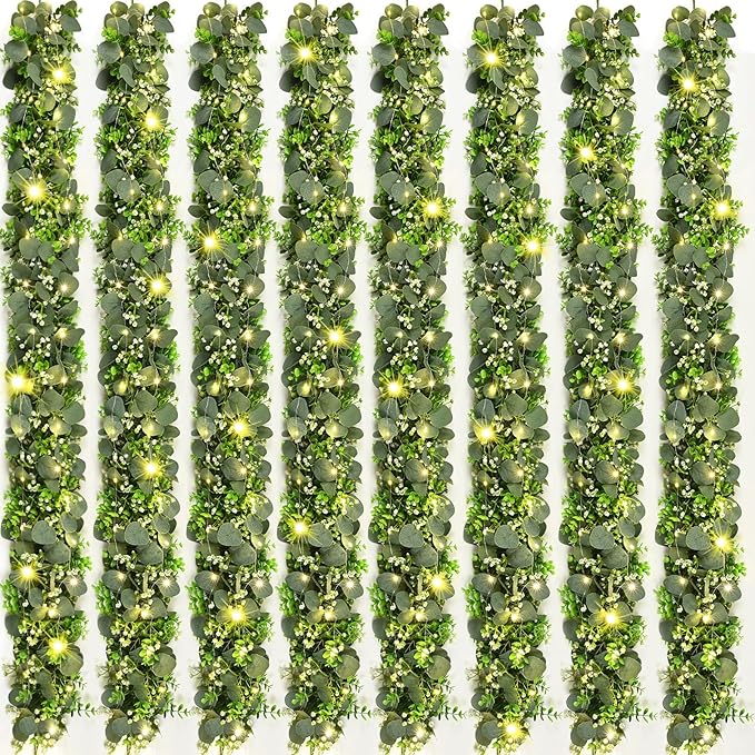 8Pcs Eucalyptus Garland with Lights, Greenery Garland, Green Garland with Flowers, 5.9FT Artificial Faux Eucalyptus Leaves Vines for Table Mantle Home Wedding Party Indoor Outdoor Decor（2 Long Lights）