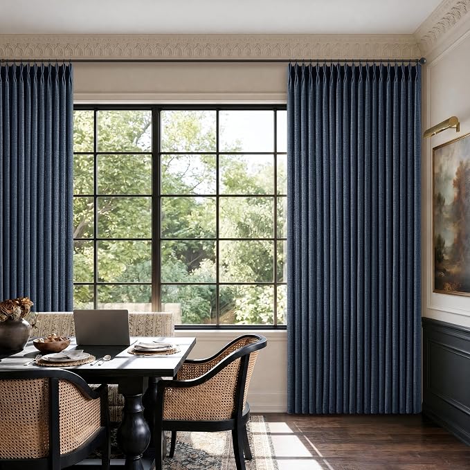 102 Inch Pleated Blue Curtains 2 Panels Set Navy Moody Light Filtering Linen Textured Window Pinch Pleat Drapes with Hooks Rings 102 Inches Semi Sheer Privacy Back Tab Curtains for Living Dining Room