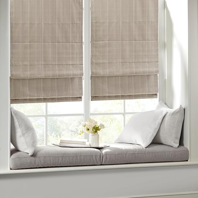 Madison Park Galen Cordless Roman Shade, 29"W x 64"H, Sheen Taupe – Room Darkening, Thermal Insulated, Energy Efficient Window Blind with Subtle Sheen Basketweave Fabric for Privacy