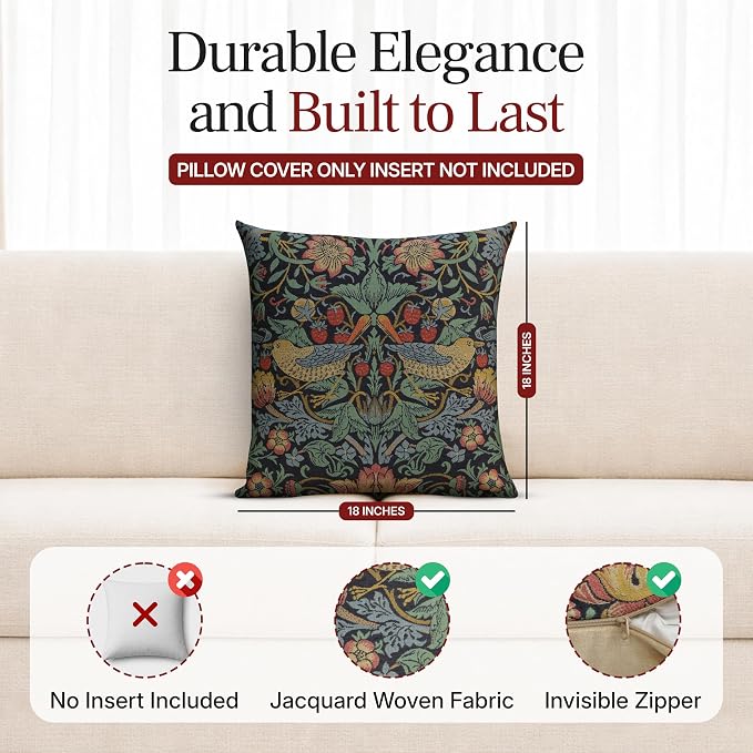 Charlotte Home Furnishings Inc Blue Strawberry Throw Pillow Covers 18x18, European 100% Cotton Jacquard Woven Fabric, Boho & Vintage Inspired Decorative Cushion for Living Room and Sofa