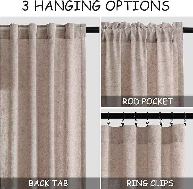 Oatmeal Linen Curtains 120 Inch Extra Long for Living Room Back Tab Light Filtering Semi Sheer Drapes Modern Farmhouse Boho Decor Cotton Textured Curtain for Floor to Ceiling High Window 52x120