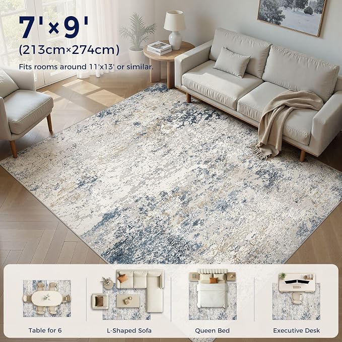DMOYEST Area Rug Living Room Rugs - 7x9 Large Soft Indoor Neutral Modern Abstract Low Pile Washable Rug Carpet for Bedroom Dining Room Farmhouse Home Office - Beige Blue