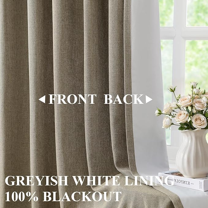 Vision Home Brown Pinch Pleated Full Blackout Curtains Linen Blended Room Darkening Window Curtains 90 inch for Living Room Bedroom Thermal Insulated Pinch Pleat Drapes with Hooks 2 Panel 40" Wx90 L